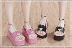 three pairs of pink and black platform sandals with hearts on the ankle straps, one wearing a heart - shaped chain