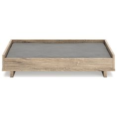 a large wooden tray with grey felt in it on a white surface, side view