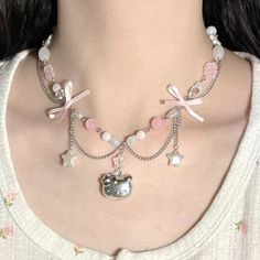 |14:193#A|1005005955382334-A Hello Kitty Bow, Hello Kitty Baby, Pearl Chain Necklace, Ribbon Necklace, Bow Necklace, Jewelry Accessories Ideas, Kawaii Aesthetic, Cat Pendants, Vintage Diy