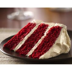 a slice of red velvet cake on a plate