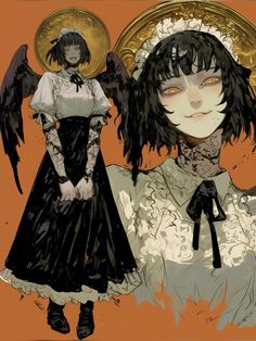 an anime character with long black hair and wings on her head, standing next to another character