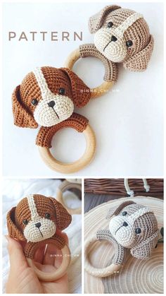 two crocheted animals are being held in the air by a wooden toy ring