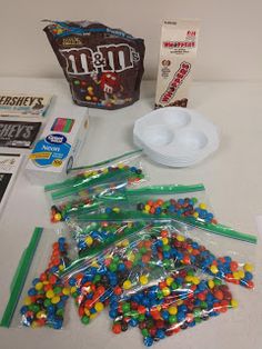 the contents of a candy bar are laid out on a table