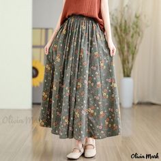 Olivia Mark - Bohemian Floral Print A-Line Skirt with Elastic Waistband in Loose-Fit Cotton Linen Fabric Green Non-stretch Maxi Skirt, Green Non-stretch Long Skirt, Non-stretch Green Long Skirt, Green Cotton Casual Maxi Skirt, Green Non-stretch Pleated Maxi Skirt, Green Long Skirt Bottoms For Fall, Green Long Skirt For Fall, Bohemian Cotton Maxi Skirt For Fall, Green Cotton Maxi Skirt