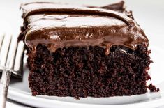 a piece of chocolate cake on a plate with a fork