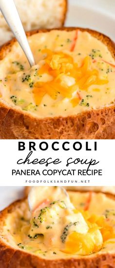 broccoli cheese soup in a bread bowl