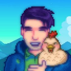 a man holding a chicken in his right hand while wearing a blue jacket and green shirt