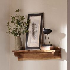 a wooden shelf with some plants on top of it and a picture frame above it