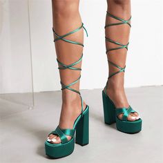 Shop Summer New Arrival Green Party Strappy Platform Sandals Satin Chunky Heels color Green for Going out, Music Festival, Night Club, Party with worldwide Free shipping & Free return. Green High Heel Sandals For Party, Green Ankle Strap Sandals For Party, Green Open Toe Heels For Party, Trendy Green Heels For Party, Green Sandals With Heel Strap For Party, Green Sandals For Spring Party, Green Wrapped Heel Sandals For Party, Green Block Heel Sandals For Night Out, Green Synthetic Heels For Party