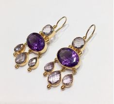 Amethyst and Pink Amethyst Earrings – 9 Rue Clementine Elegant Brass Jewelry With Gemstone Accents, Vintage Amethyst Earrings Gift, Amethyst Multi-stone Earrings As Gift, Gold Amethyst Earrings For Parties, Handmade Amethyst Earrings For Wedding, Handmade Amethyst Wedding Earrings, Gold Amethyst Earrings With Gemstone Accents, Handmade Amethyst Earrings For Anniversary, Heirloom Gemstone Earrings For Gift