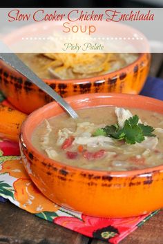 two bowls filled with chicken enchilada soup on top of a colorful place mat