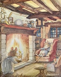 a painting of mice in front of a fire place