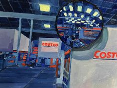 a painting of a store with its lights on and the costco logo reflected in the mirror