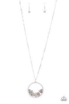 A cluster of metallic flecked and iridescent crystal-like beads are threaded along dainty silver wire along the bottom of a textured silver hoop, creating a stellar pendant at the bottom of a lengthened silver chain. Features an adjustable clasp closure. Sold as one individual necklace. Includes one pair of matching earrings. Multi Necklace, Glowing Necklace, Bling Necklace, Iridescent Crystal, Circle Pendant Necklace, Paparazzi Accessories, Paparazzi Jewelry, Circle Pendant, Boutique Jewelry