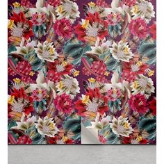 an abstract floral wallpaper with red, white and green flowers on purple background in the center