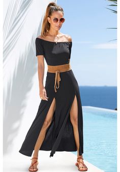 Black Carmen Neckline Maxi Dress X30023 | LASCANA Chic Off Shoulder Maxi Dress For Vacation, Evening Off-shoulder Maxi Dress With Side Slits, Summer Floor-length Dress With Split Design, Chic Fitted Off-shoulder Long Dress, Chic Fitted Long Off-shoulder Dress, Off-shoulder Midi Dress With Side Slits For Summer, Summer Evening Off Shoulder Maxi Dress, Elegant Off-shoulder Maxi Dress With Side Slits, Summer Maxi Dress With Split Design For Day Out