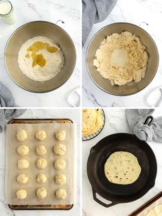 four pictures showing the steps to make tortillas and how to bake them