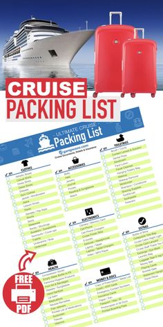 the cruise packing list is shown with two suitcases and a boat in the background