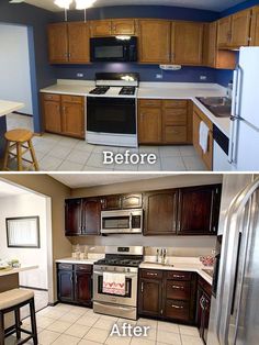 before and after pictures of a kitchen remodel with wood cabinets, stainless steel appliances