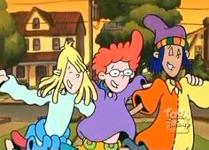 three cartoon characters standing in front of a house