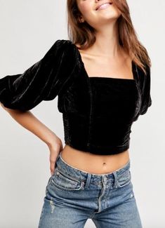 Black Velvet Top, Free People Velvet, Exaggerated Sleeves, Velvet Crop Top, Open Back Top, Long Crop Top, Velvet Tops, Free People Black, Tie Top