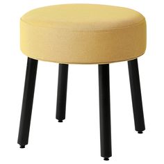 a round stool with black legs and a yellow upholstered seat