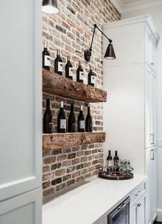 Country Farmhouse style bar counter with exposed brick wall with swing arm Chicago Brick Backsplash, Wine Bar Ideas, Built In Wine Bar, Wine Bar Kitchen, Brick Wall Kitchen, Kitchen Feature Wall, Chicago Brick