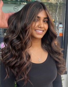 Gorgeous Ladies Knot Hairstyles Black To Brown Highlights, Very Dark Hair With Highlights, Brown Girl Highlights Black Hair, Brown Girl With Highlights, Dark Brown Highlights On Black Hair Indian, Highlights For Black Hair Indian, Partial Babylights On Dark Hair, Hair Highlights For Black Hair Indian