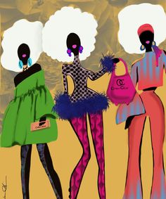 three women in colorful outfits with clouds above them