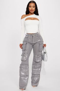 Time To Shine Foil Baggy Cargo Jeans - Silver | Fashion Nova Stacked Cargo Pants Women, Stacked Leather Pants With Dunks, Cargo Boyfriend Jeans, Baggy Cargo Jeans, Sneak Attack, Metallic Jeans, Fasion Outfits, Fashion Nova Outfits, One Shoulder Top