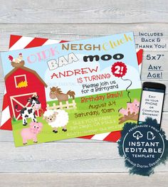 two farm animals birthday party invitations with an applique on the front and back