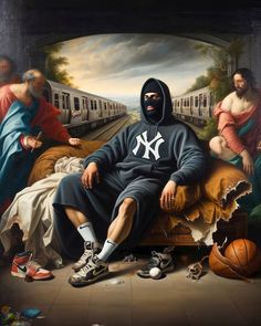 a painting of a man sitting on a couch in front of a train and other people