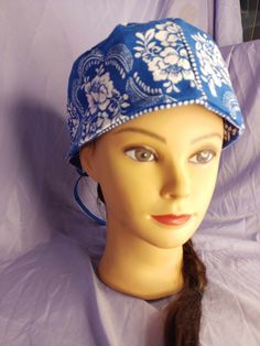 "This is a traditional scrub caps style made with high quality fabric, This is NOT a Bandana Fabric it is thicker., Closer to a Canvas or a light weight denim DOES NOT have any elastic in them Works well for different lengths of hair but does not cover hair completely in the back or if considered long. Unisex scrub cap Can be used for Food Service Workers, Medical Staff, or just to keep the hair out the way. These kind of \"hats\" have also been used under motorcycle or bike helmets  Lightweight Adjustable Blue Cotton Bandana, Kinds Of Hats, Bike Helmet, Skull Cap Beanie, Scrub Caps, Skull Cap, Scrubs, Quality Fabric, Caps Hats