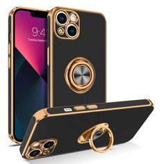 an iphone case with ring kickstand on it and the back cover is gold