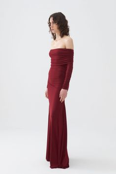 Nocturne elevates the classic maxi dress with a layered design, offering an Off-The-Shoulder Maxi Dress perfect for celebrating any festive occasion with effortless style. Slim fit, full fit, unlined, long sleeves, no zipper, flexible fabric, straight neck, off-the-shoulder and layered design, maxi dress. Main Material: 95% Polyester, 5% Elastane Lining: No Lining Trim: No Trim Washing & Care Instructions: Sensitive Hand Washing at 30°C is Recommended, Bleaching is Not Recommended, Drying in a D Burgundy Casual Dress, Formal Dresses With Sleeves, Dryer Machine, Classy Work Outfits, Layered Design, Burgundy Dress, August Birth Stone, Dress C, Independent Designers Fashion