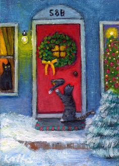 a painting of a cat standing in front of a red door with a wreath on it