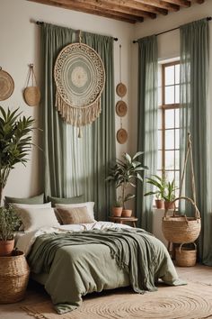 a bedroom with green curtains and plants on the wall