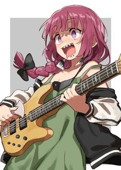 a girl with pink hair playing an electric guitar