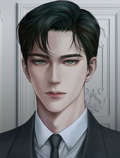 a man in a suit and tie with green eyes