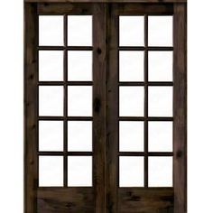 an image of a double door with glass panels on the front and side doors in dark wood