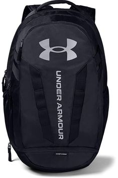 the under armour backpack is black with white lettering on it and has a zippered pocket for