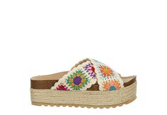 Dirty Laundry Plays Women s Platform Sandal Elevate her summer style with the Plays women s platform Sandal from Dirty Laundry. With a macrame upper featuring crisscross straps and a lovely floral design, this Sandal also has a jute-wrapped platform midsole for height and flair. The Cushioned footbed comfortably cradles your foot, while the outsole provides flexible traction. Macrame upper Slip-On  Cushioned cork footbedJute-wrapped platform midsole Rubber outsole Casual Beach Sandals With Crochet Trim, Casual Sandals With Crochet Trim For Beach, Casual Crochet Trim Sandals For Beach, Casual Spring Sandals With Crochet Trim, Summer Vacation Sandals With Crochet Trim, Casual Open Toe Sandals With Crochet Trim, Multicolor Woven Sandals For Summer, Women Platform Sandals, Rack Room Shoes