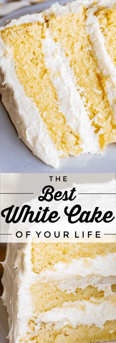 the best white cake of your life is cut into slices and served on a platter