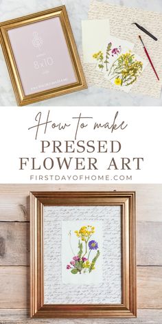 Framed pressed flower wall art supplies and finished framed pressed flower art. Text overlay reads "Pressed Flower Art". Flatten Flowers In Frame, Framed Flowers Diy, Pressed Flowers In Glass Frames Diy, Pressed Flower Window, Pressed Flowers How To, Dry Flower Frame Ideas, Dried Flower Picture Frame Wall Art, How To Use Pressed Flowers, Pressed Flower Memorial Art