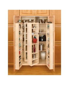 an open cabinet with many items in it