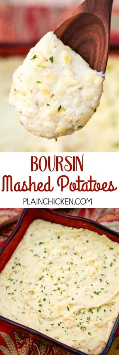 mashed potatoes in a red casserole dish with a wooden spoon and text overlay that reads boursin mashed potatoes