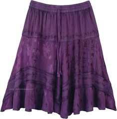 Raisin Purple Cowgirl Chic Barn Dance Knee Length Skirt | Short-Skirts | Purple | Patchwork, Embroidered, Junior-Petite, Misses, Gift, Dance, Solid Bohemian Purple Tiered Skirt, Bohemian Tiered Purple Skirt, Purple Relaxed Summer Skirt, Bohemian Knee-length Bottoms For Summer, Purple Long Skirt For Summer, Bohemian Knee-length Summer Skirt, Summer Purple Flared Skirt Bottoms, Fitted Bohemian Purple Bottoms, Purple Flared Skirt For Summer