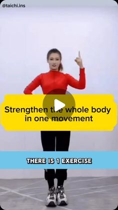 a woman in red shirt and black pants standing next to a yellow sign that says strength the whole body in one movement there is 1 exercise