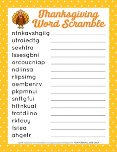 a thanksgiving word scramble with the words in it