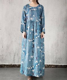 Cotton and linen loose pullover dress women long round collar dress Blue Linen Dress With Floral Print, Blue Linen Casual Dress For Spring, Floral Print Linen A-line Dress, Long Sleeve Floral Print Maxi Dress In Relaxed Fit, Spring Blue Linen Dress For Daywear, Casual Linen Floral Print Dress, Long Linen Dress With Relaxed Fit For Spring, Green Linen Floral Print Dress, Green Floral Print Linen Dress